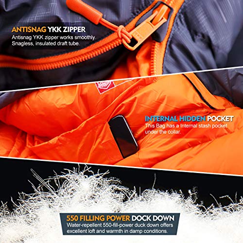 ZOOOBELIVES 10 Degree Down Sleeping Bag for Adults, 4-Season Cold-Weather Mummy Bag, Roomy Fit, 550+ Fill Power Warmth, Li...