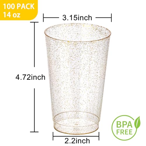 I00000 100 Pack 14 oz Gold Plastic Cups, Disposable Tumblers Gold Glitter Plastic Cups, Disposable Wine Glasses Cocktail G...