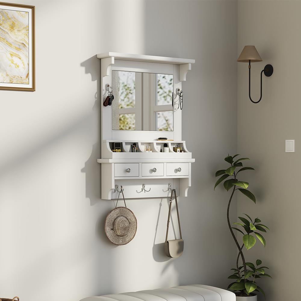 Merax Floating Makeup Vanity with Big Mirror & Hooks & 3 Drawers, Space-Saving Wall-Mounted Storage Vanity Decorative Home Organizer for Small Space Beauty Salon Station, White