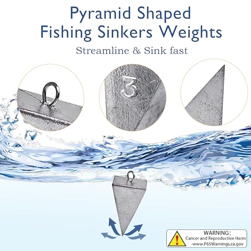 Pyramid Sinkers Fishing Weights, Saltwater Fishing Sinkers for Surf Fishing Gear Tackle - 1oz, 2oz, 3oz