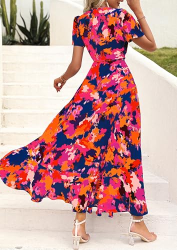 PRETTYGARDEN Women's Boho Floral Maxi Dress Summer Short Sleeve Wrap V Neck Long Flowy Beach Vacation Wedding Guest Dresses