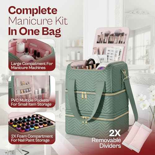 Castal Nail Polish Organizer Bag?3-Layer Nail Organizers and Storage Bag with Detachable Bottom Section?Holds 84 Bottles?Embroidered Nail Polish Case Organizer with Luggage Strap & Card Slot?Teal