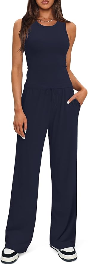 Darong Women's 2 Piece Outfits Lounge Sets Sleeveless Tank Tops Wide Leg Pants Sets Tracksuits Match Sets