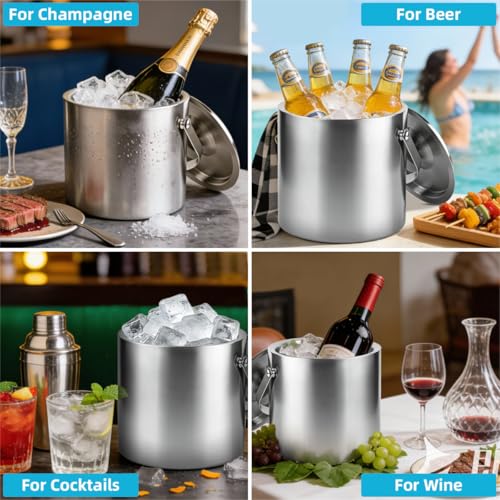 ChefBee Stainless Steel Ice Bucket - 3L Double-Wall Insulated Ice Buckets for Parties with Lid & Tongs, Large Champagne Wi...