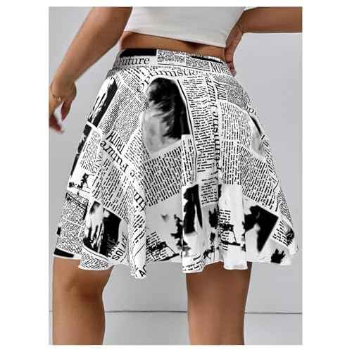 WDIRARA Women's Newspaper Graphic Print Skorts High Waist Flowy Athletic Skirts with Shorts Underneath