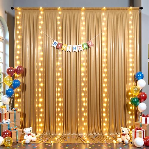 Hanging Bulbs 10x10FT Champagne Sequin Backdrop Curtain with String Lights – 2 Panels of 5x10FT Wrinkle-Free Shimmer Drape...