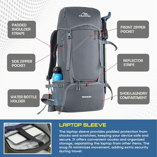 TRAWOC IGNITE 50L Travel Backpack-Front & Top Open for Hiking,Trekking, Unisex Rucksack SHK020-Grey