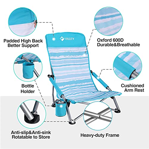 VILLEY Low Beach Chair, High Back Folding Beach Chair for Adults Portable Mini Folding Beach Table, Ultralight Aluminum Si...