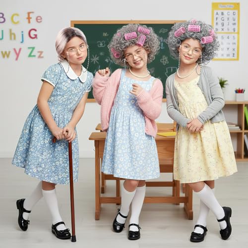 RSOEUG Old Lady Costume for Women, 5 PCS Kids 100 Days of School Grandma Wig Costume Halloween Girls Adults Cosplay Access...
