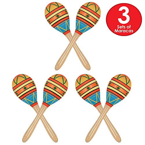 Beistle Fiesta Fun Party Maracas – 3 Sets, 6 Wooden Hand-Decorated Percussion Maraca Shakers for Cinco de Mayo, Mexican-Th...