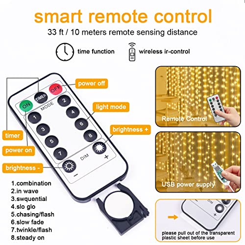 AOMIG Fairy Curtain Lights,300 LED Warm White Window Curtain String Light,8 Modes 9.8×9.8Ft Waterproof Curtain String Ligh...