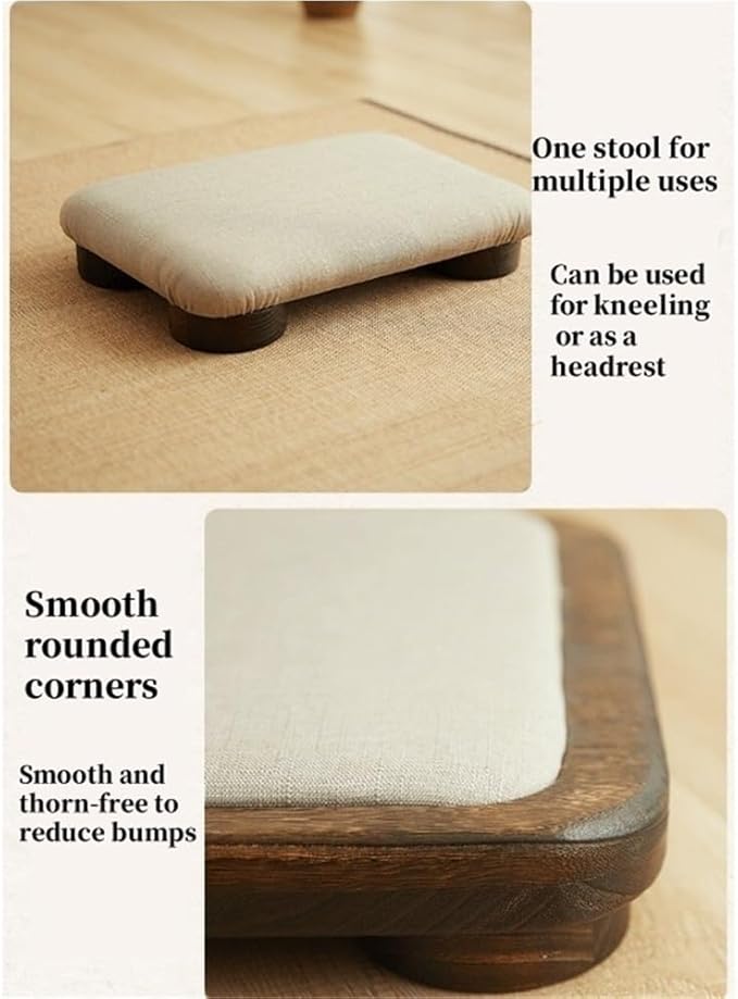 Japanese Tatami Low Stool, Solid-Wood Floor Chair with Cushioned Linen, Bedside Bench or Low Table Seating, Footrest for Meditation(40 * 27 * 8cm)