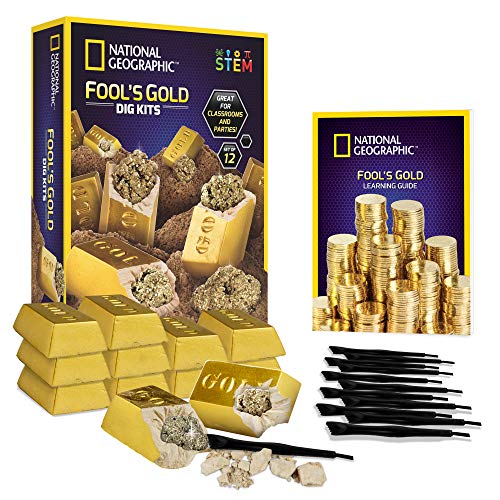 National Geographic Fool’s Gold Dig Kit – 12 Gold Bar Dig Bricks with 2-3 Pyrite Specimens Inside, Party Activity with 12 ...