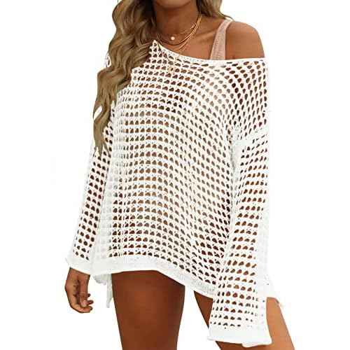 ZESICA Women's 2025 Summer Crochet Hollow Out Long Sleeve Beach Bikini Swimsuit Mesh Cover Up Tunic Top
