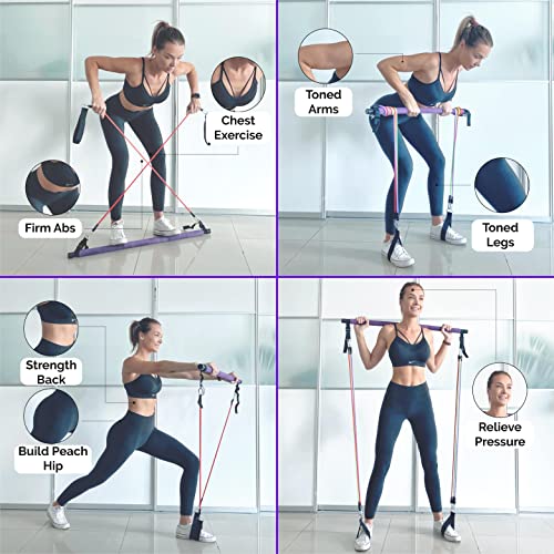 Portable Pilates Bar Kit with Resistance Bands (20, 30, 40, 50 LB) - 8 Week Video Program - Premium Quality Home Equipment...