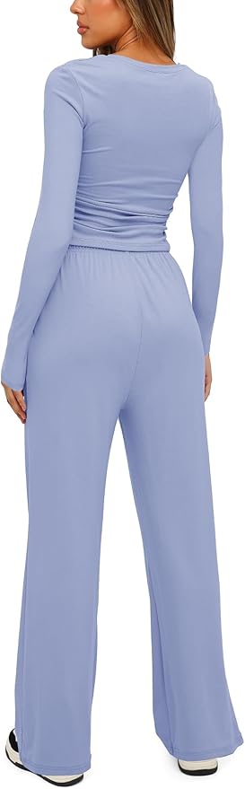 Darong Women's 2 Piece Outfits Lounge Sets 2026 Long Sleeve Tops Wide Leg Pants Casual Matching Set