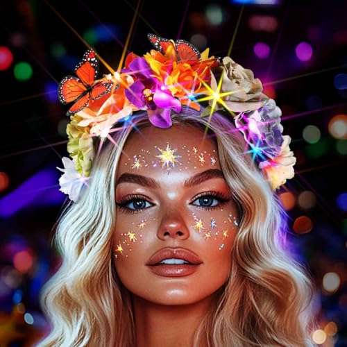 DRESBE Boho Light Up Flower Headband LED Butterfly Floral Headbands Glow Hawaii Beach Party Hair Accessories for Women (Mu...