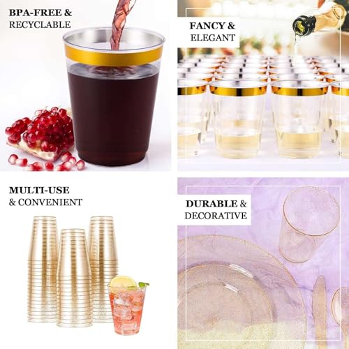 Efavormart 25 Pack Amber Gold Crystal Plastic Tumbler Cups with Gold Rim, Disposable Drinking Glasses Party Cups - 10oz