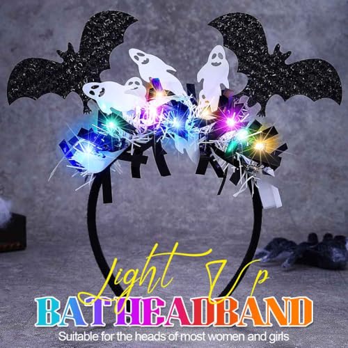 CAKURE Light Up Halloween Headband Black Led Glow Bat Headpiece Hair Accessories for Women and Girls (b-bat&ghost, one size)
