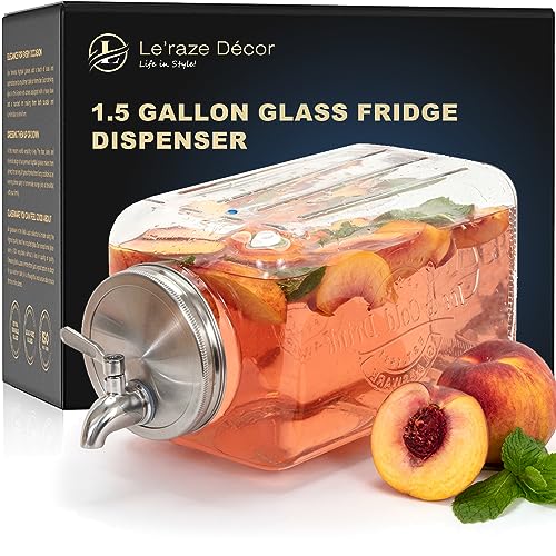 Le'raze 1.5-Gallon Glass Beverage Dispenser - Modern, Clear & Stainless Steel - Gravity Dispenser with Stainless Steel Spigot