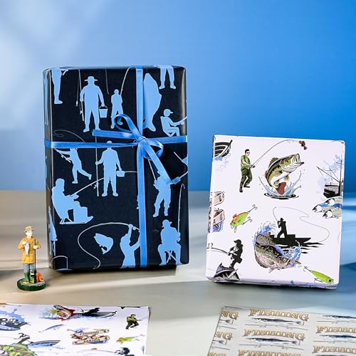 WRAPAHOLIC Fishing Wrapping Paper Sheet - 12 Sheets Folded Flat - Adventure Fishing and Fishhook 4 Design for Angler Fish ...