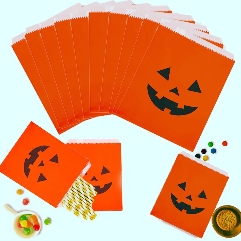 JUTTIRA 100 Pack Kraft Paper Treat Bags 5x7 Halloween Cookie Bags Mini Halloween Candy Buffet Bag Small Pumpkin Trick Or Treat Bags Flat Glassine Style Bag for Candy Cookies Party Favor