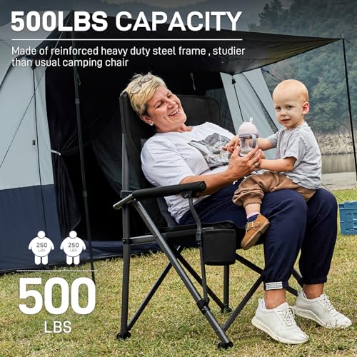 EVER ADVANCED Oversized Folding Camping Chair for Adults, Heavy Duty Lawn Chair with Side Pockets, Portable Collapsible Qu...