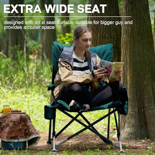 EVER ADVANCED Padded Oversized Folding Camping Chair for Adults, Heavy Duty Lawn Chair with Side Pockets, Portable Collaps...