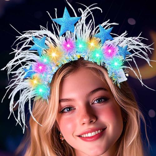 Campsis Light up Star Headbands, Blue LED Feather Headpiece, Glowing Costume Rave Hair Accessories for Women