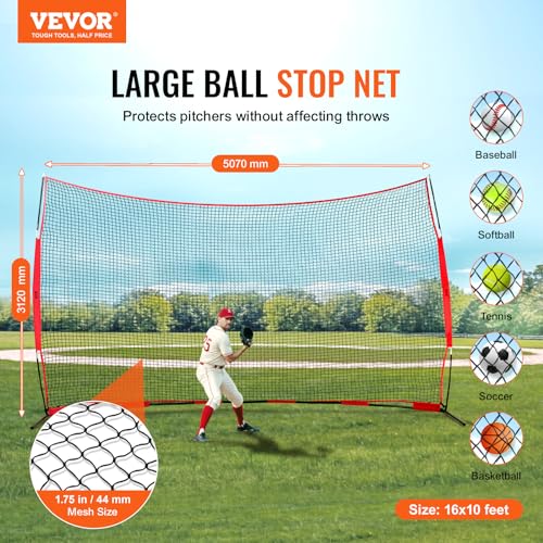 VEVOR 7X7ft/12X9ft/16X10ft/20x10ft Barricade Backstop Net, Ball Sports Barrier Netting, Portable Practice Net for Baseball Softball Lacrosse Hockey Basketball Equipment Training Net