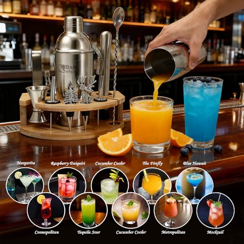 Silicone Pad Included Cocktail Shaker Set Bartender Kit,Mixology Bartender Kit 13-Piece with Bamboo Stand,Martini Shaker K...