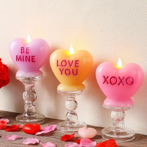 LCZLUMIPRO Valentine's Day Candles Heart Candle Flameless Candles Flickering 3 Pack Battery Operated LED Heart Shaped Candles with Realistic Warm Flame Effect Romantic Decor for Wedding Anniversary