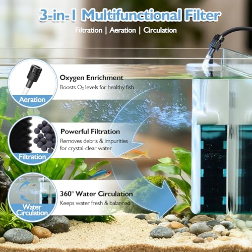AQQA Aquarium Filter for 5-10 Gallon Tank, 79GPH Internal Small Fish Tank Filter with Dual Water Outlet & Aeration for Cry...