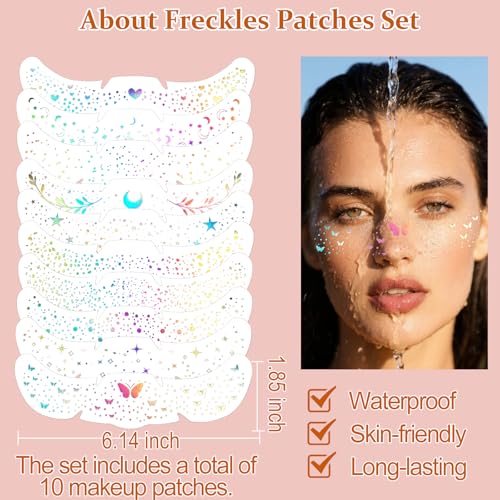Boko 10Pcs Holographic Glitter Freckles Face Tattoo, Star Face Glitter Speckles Makeup Patches for Pride Accessories, Wate...