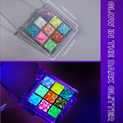 YGDZ Glow in The Dark Body Glitter, Face Glitter Gel, Mermaid Face Gems Kit, Hair Glitter Jewels for Makeup, Festival Outf...
