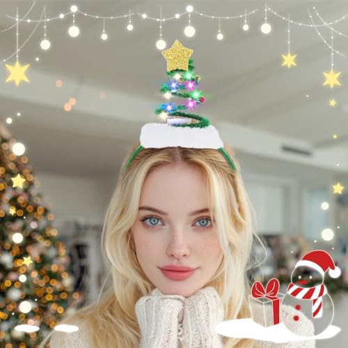 Aiosy Christmas Tree Headband with Bells Springy Santa Hat Headbands Led Xmas Star Headpiece Party Accessories