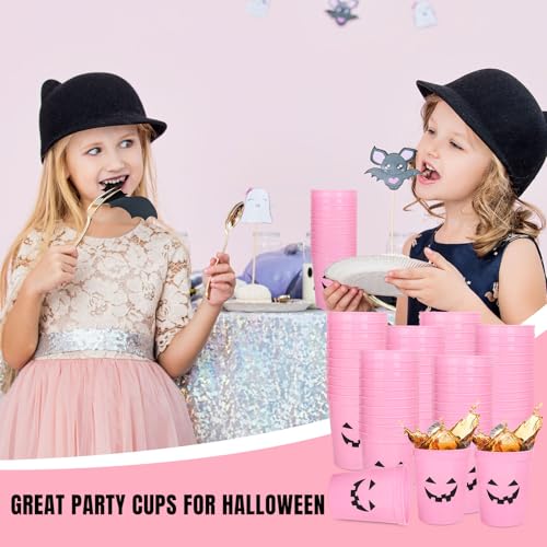 JarThenaAMCS 24 Pcs Halloween Pumpkin Plastic Cups Pink Funny Pumpkin Face Reusable Cups Trick or Treat Party Drinkware Su...
