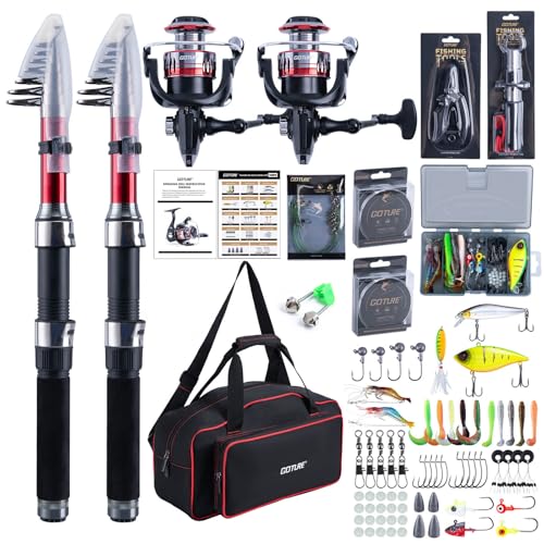 Goture Fishing Rod and Reel Combos-2PCS Telescopic Fishing Pole+2PCS Pre-Loaded Spinning Reels with Carrier Bag,1.8M-2.7M ...