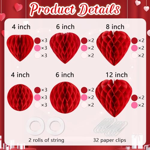 40Pcs Valentines Day Party Heart Decorations - Red Pink White Paper Honeycomb Hearts Balls Hanging, Valentine's Decor for ...