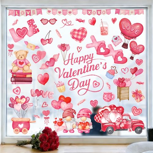 GULWAT 123 PCS Valentines Day Window Clings Decorations, 9 Sheets Red Pink Heart Happy Valentines Window Decals for Home O...