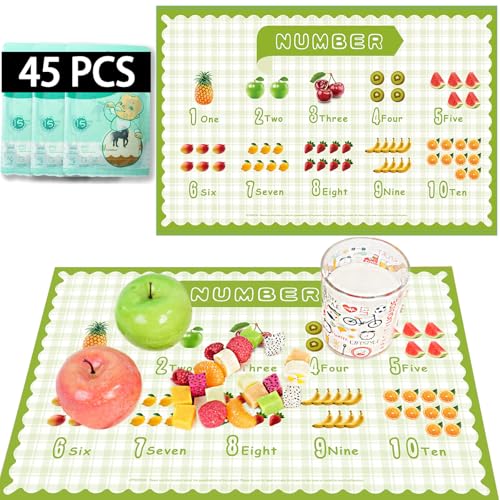 KAshack 45 Pack Sticky Disposable Placemats for Baby & Toddlers,Cute Number Fruit Toddler Placemat 12"x18" Kids Table Mat ...