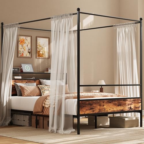 LIKIMIO Canopy Bed Frame Queen with Storage Headboard & Charging Station, Sturdy Metal Platform Bed with 4 Removable Post...