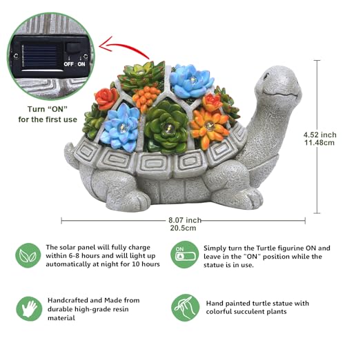 Nacome Solar Garden Outdoor Statues Turtle with Succulent and 7 LED Lights - Lawn Decor Tortoise Statue for Patio, Balcon...
