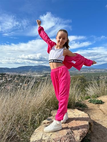 LOLANTA 2Pcs Girls Dance Outfits Cropped Sequin Jacket Pants Set, Kids Hip Hop Dance Costumes for 80s 90s Party 5-15 Years