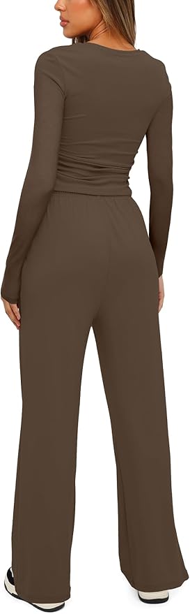 Darong Women's 2 Piece Outfits Lounge Sets 2026 Long Sleeve Tops Wide Leg Pants Casual Matching Set