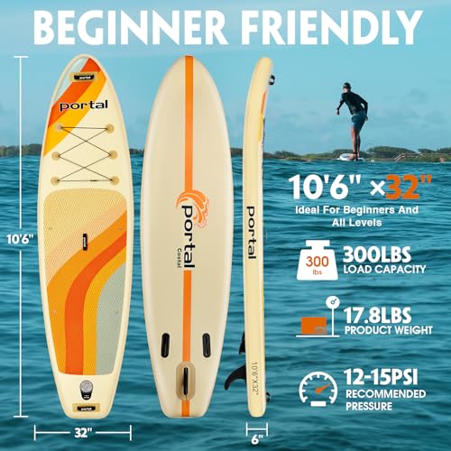 PORTAL SUP Inflatable Paddle Board for Adults 10'6'' Stand Up Paddleboard,Non-Slip Deck Blow up Paddle Boards with Adjusta...