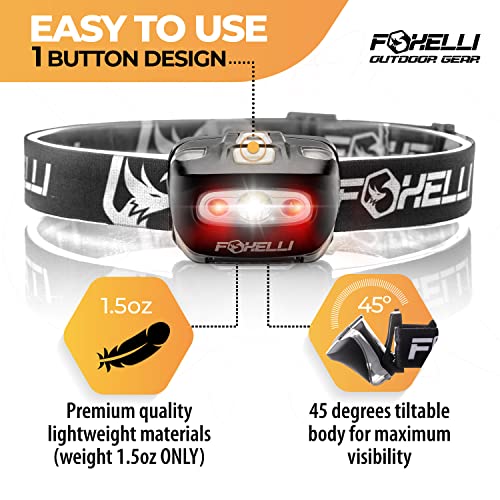 Foxelli LED Headlamp Flashlight for Adults & Kids, Running, Camping, Hiking Head Lamp with White & Red Light, Comfortable ...