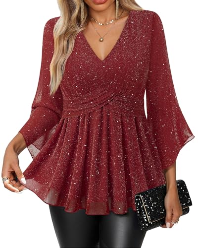 VALOLIA Womens Sparky Tops 3/4 Sleeve Glitter Sequin Shiny Dressy Blouses V Neck Party Evening Cocktail Shirts