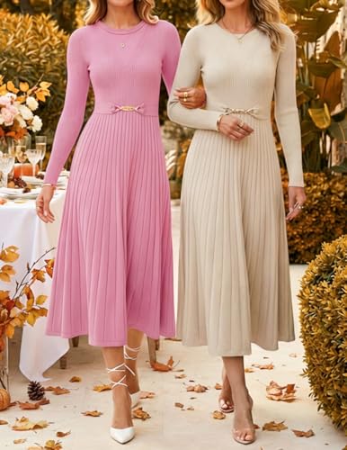 ZESICA Women's Long Sleeve Midi Sweater Dress 2026 Fall Crewneck Knit A Line Pleated Flowy Long Dresses with Belt
