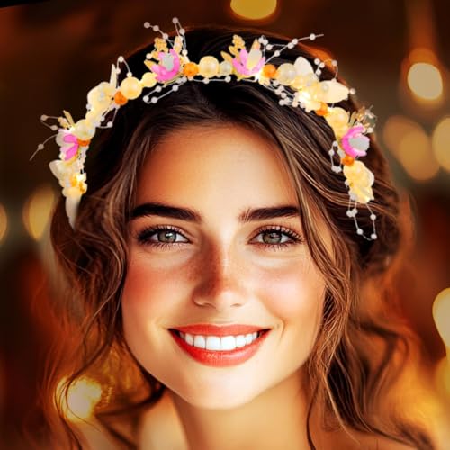 Zehope Light Up Flower Wedding Headbands LED Pearl Floral Headpiece Princess Bridal Hair Accessories for Women